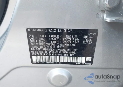 2022 Honda Hr-V Awd Lx из США, поврежденный, VIN 3CZRU6H33NM741545